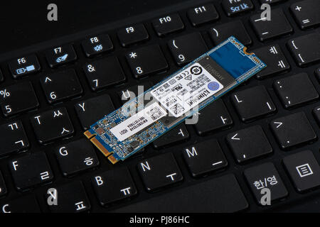 Gimpo-si, Korea - July 10, 2018: M.2 type Solid State Drive, called SSD, storage device that uses integrated circuit assemblies as memory to store dat Stock Photo