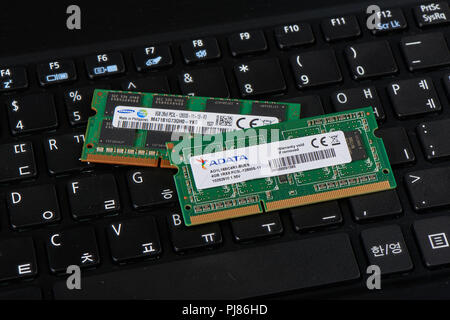 Gimpo-si, Korea - July 10, 2018: DDR3L RAM on a Korean keyboard. DDR3L means Low voltage Double Data Rate type three SDRAM. It is used in devices that Stock Photo