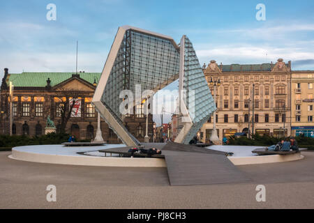 Poznan, Poland - April 3, 2018: Freedom square and the modern fountain in Poznan. Stock Photo