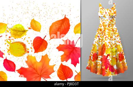 Seamless border of colorful autumn leaves isolated on dress mockup. Vector illustration Stock Vector