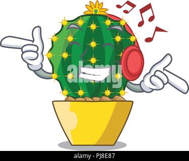Listening music mammillaria compressa cactus isolated on the cartoon Stock Vector