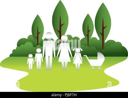 family silhouette and baby cart in landscape Stock Vector