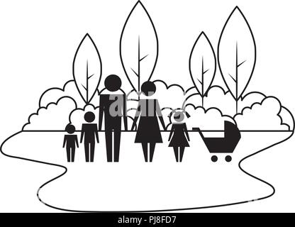 family silhouette and baby cart in landscape Stock Vector