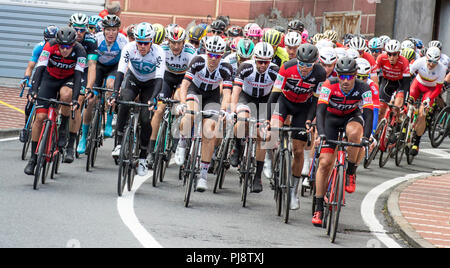 Imperia, IM, Liguria, Italy - March 17, 2018: An important cycling race in a small town in Italy in March. The name of the competition is Milano-Sanre Stock Photo