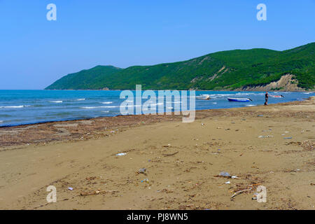 Polluted beach in Fushë-Draç near Durres, Cape Rodon, Kepi i Rodonit, Adriatic Sea, Durrës, Albania Stock Photo