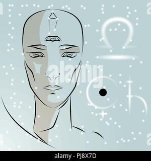 Sign of zodiac Libra. Girl is fortuneteller with third eye, constellation, sign of zodiac and planet as protector. Vector background of stars. Trigon  Stock Vector