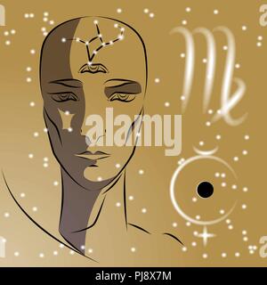 Sign of zodiac Virgo. Girl is fortuneteller with third eye, constellation, sign of zodiac and planet as protector. Vector background of stars. Trigon  Stock Vector