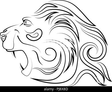 Head of lion with an open mouth with canines. Vector logo. Linear art. Concept of power and power. Stock Vector