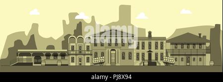 City street in style of wild west. Building, tavern bank and other buildings on background of mountains. Illustration in style of flat Stock Vector