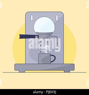 Coffee maker makes hot coffee. Mug stands on stand. Illustration in style of flat. Stock Vector