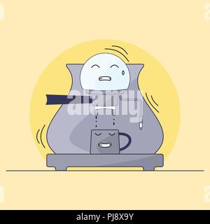 Coffee maker and mug character. Humanization of things. Prepare a cup of hot coffee. Illustration in style of flat. Stock Vector