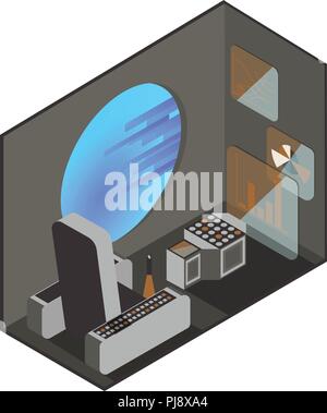 Cabin space shuttle pilot. Monitors and management interfaces. Illuminator with outer space. Isometric projection. Stock Vector