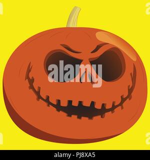 Halloween pumpkin lantern on a yellow background. Woodcut style design, hand drawn doodle, sketch in pop art style Stock Vector