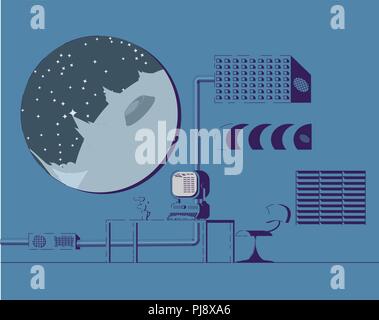 Researcher room on space station. Porthole with view of planet with craters. Armchair and table with computer in style of retrofuturism. Stock Vector