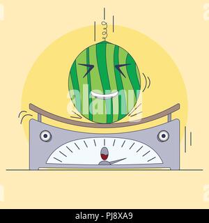 Kitchen scales and watermelon characters. Emotions of surprise and fun. Humanization of things. Stock Vector