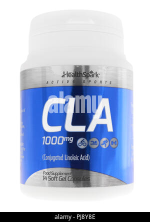 Bottle of CLA soft gel capsules on white background Stock Photo