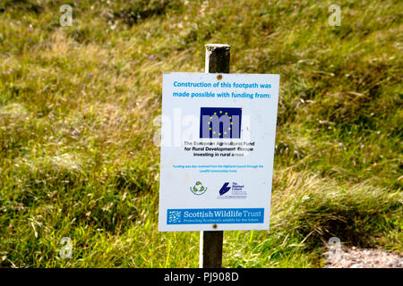 Scotland. Sutherland. Handa Island.Wildlife reserve. Sign saying footpath improved with EU funding Stock Photo