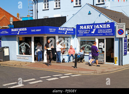 A view of Mary Janes Fish and Chips take away and restaurant close to the town centre at Cromer, Norfolk, England, United Kingdom, Europe. Stock Photo