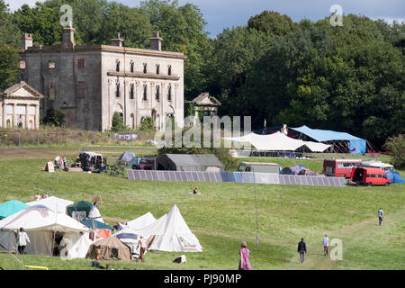 Chepstow, Wales – Aug 15: A bank of solar panel power the main stage situated before Piercefield House on 15 Aug 2015 at the Green Gathering Festival Stock Photo