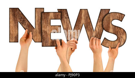 NEWS people holding up wooden letters isolated on white background message newsletter information business concept Stock Photo