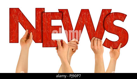 NEWS people holding up red wooden letters isolated on white background message newsletter information business concept Stock Photo