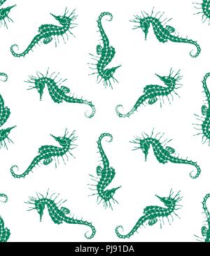 Vector seamless pattern of green seahorse silhouette on white background. Seahorse background Stock Vector