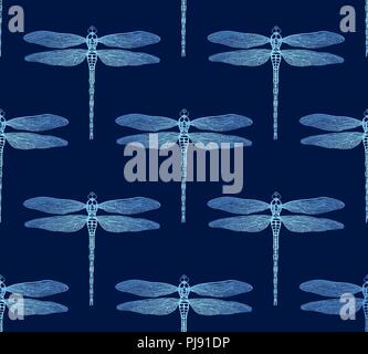 Vector seamless pattern from gradient luminous dragonfly on blue background Stock Vector