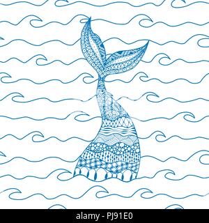 Vector seamless pattern of blue line sea waves with doodle mermaid tail on white background Stock Vector