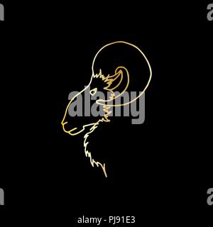 Vector illustration of hand drawing ram head in profile. Golden sketch goat silhouette Stock Vector