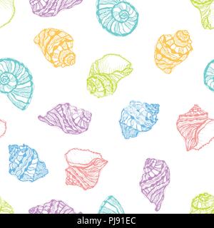 Vector seamless pattern from colorful seashell on white background. Hand drawn sketches mollusk sea shells. Stock Vector