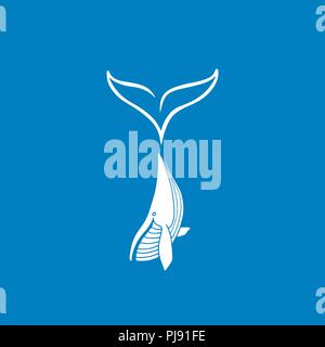 Vector illustration of white whale with big tail logo type on blue background. Whale logo Stock Vector