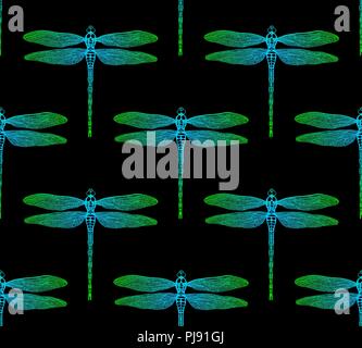 Vector seamless pattern from gradient luminous dragonfly on black background. Dragonfly background Stock Vector