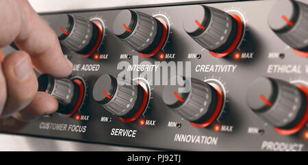 Man turning a button on a dashbord with all core values of a company to set it to the maximum. Composite image between a hand photography and a 3D bac Stock Photo