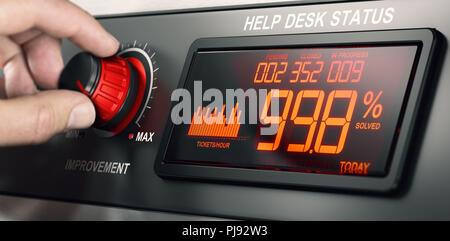 Man turning a button on a dashbord to improve help desk performance. Composite image between a hand photography and a 3D background. Stock Photo