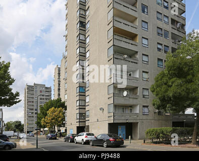 High-rise housing at Thamesmead, southeast London, the famous 1960s social housing project developed by the Greater London Council Stock Photo