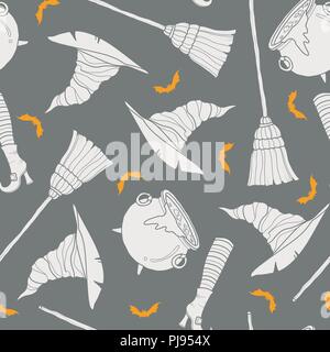 Cute silhouette witch stuff random on gray background. Seamless pattern background design for Halloween event in vector illustration. Stock Vector