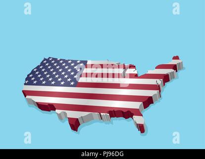 Three Dimensional Map of USA and American Flag. All the objects, shadows and background are in different layers. Stock Vector