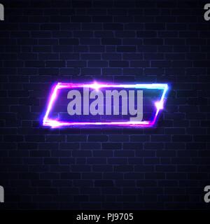 Neon square. Vibrant glowing frame with light blue and purple color with empty space for text on brick background. Abstract neon electric tube with transparency. Bright vector illustration for banner. Stock Vector