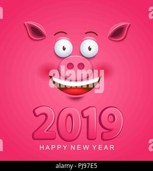 Cute greeting card for 2019 new year with smiling pig's face on pink background. Chinese symbol of the 2019 year. Zodiac and lunar sign of goroscope. Year of the pig. Vector illustration. Stock Vector