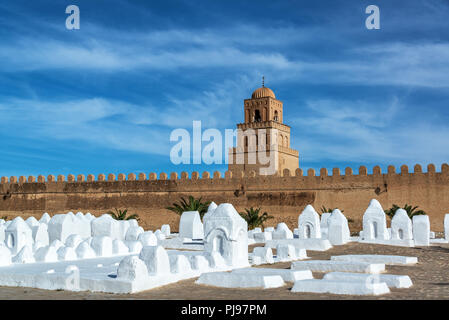 Cemetery and Great Mosque in the historic city of Kairouan, Tunisia Stock Photo