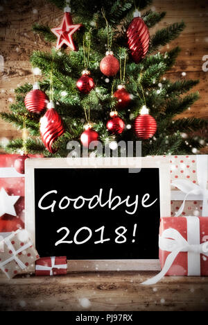 Christmas Tree With Goodbye 2018, Red Gifts And Ornaments Stock Photo