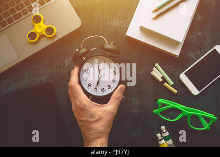 Back to school, top view flat lay concept with various educational accessories on blackboard Stock Photo