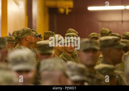 More than 400 Arizona Army National Guard Soldiers with 1st Battalion, 158th Infantry Regiment rally together with their families inside Wells Fargo Arena in Tempe, Arizona for an emotional farewell ceremony July 7, as the Battalion prepares for their deployment in support of Operation Spartan Shield Stock Photo