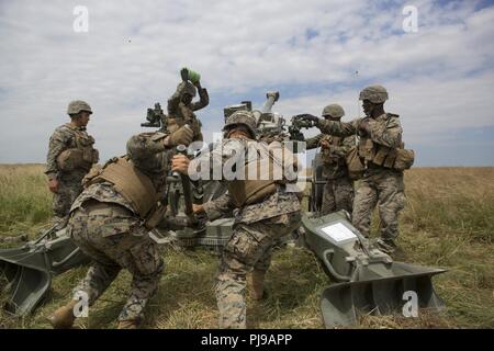 U.S. Marines with Echo Battery, 2nd Battalion, 10th Marine Regiment (2/10), 2nd Marine Division, prepare to fire an M777 Howitzer at Salisbury, England, July 2, 2018. Marines with the unit conducted live-fire exercises using the M777 Howitzer during exercise Green Cannon 18. Green Cannon is a multinational training exercise providing U.S. Marines the opportunity to exchange tactics and techniques as well as project lethality and combat power across the globe alongside partner nations. Stock Photo