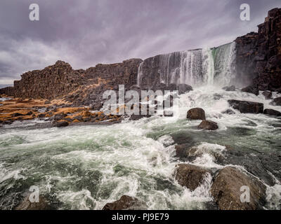 Oxararfoss Waterfall at Thingvellir, Iceland, one of the major attractions on the Golden Circle tourist route. Stock Photo