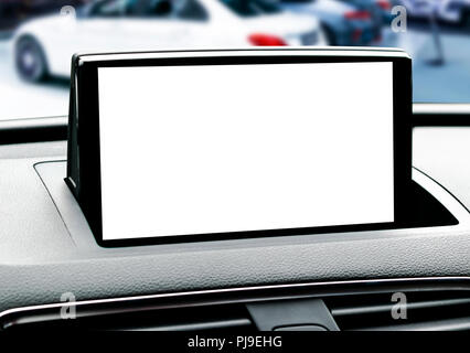 Monitor in car with isolated blank screen use for navigation maps and GPS. Isolated on white with clipping path. Car detailing. Modern car interior de Stock Photo