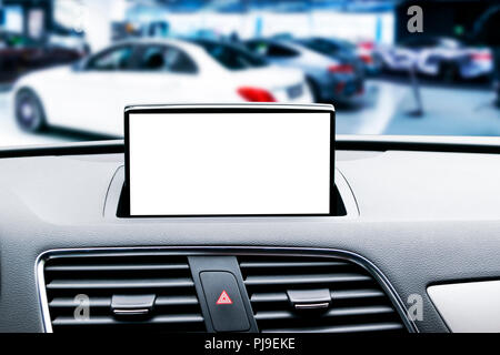 Monitor in car with isolated blank screen use for navigation maps and GPS. Isolated on white with clipping path. Car detailing. Modern car interior de Stock Photo