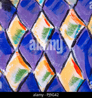 Details of acrylic paintings showing colour, textures and techniques. Diamond pattern in blue and yellow. Stock Photo
