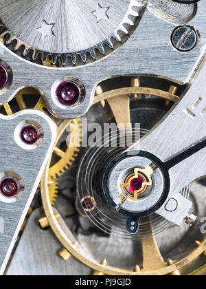 Mechanical watch / Gear Clock. Close up cogs and gears inside clock ...