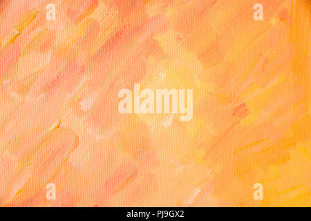 Details of acrylic paintings showing colour, textures and techniques. Orange wall full frame background canvas textured. Stock Photo